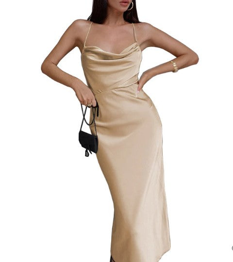 Satin Cowl Neck Spaghetti Strap Side Cut Out Slip Midi Dress