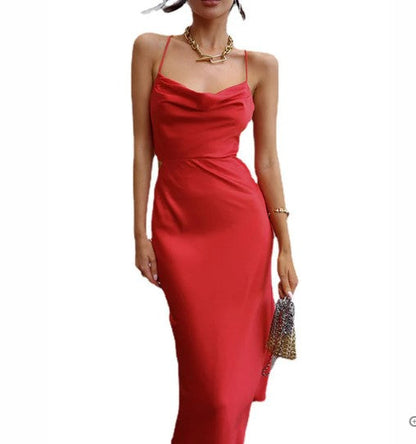 Satin Cowl Neck Spaghetti Strap Side Cut Out Slip Midi Dress