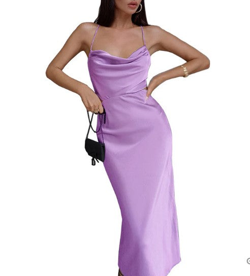 Satin Cowl Neck Spaghetti Strap Side Cut Out Slip Midi Dress