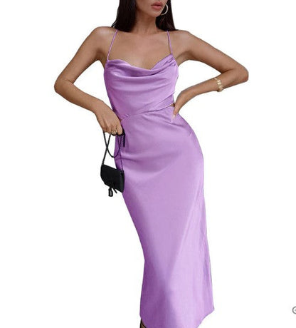 Satin Cowl Neck Spaghetti Strap Side Cut Out Slip Midi Dress