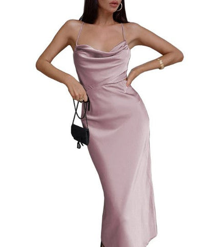 Satin Cowl Neck Spaghetti Strap Side Cut Out Slip Midi Dress