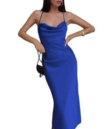 Satin Cowl Neck Spaghetti Strap Side Cut Out Slip Midi Dress