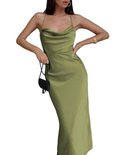 Satin Cowl Neck Spaghetti Strap Side Cut Out Slip Midi Dress