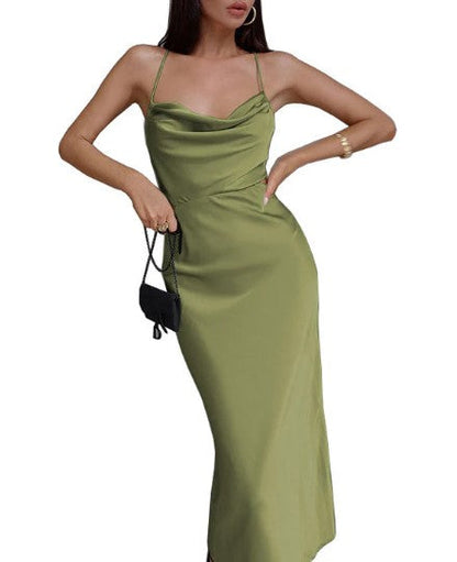 Satin Cowl Neck Spaghetti Strap Side Cut Out Slip Midi Dress