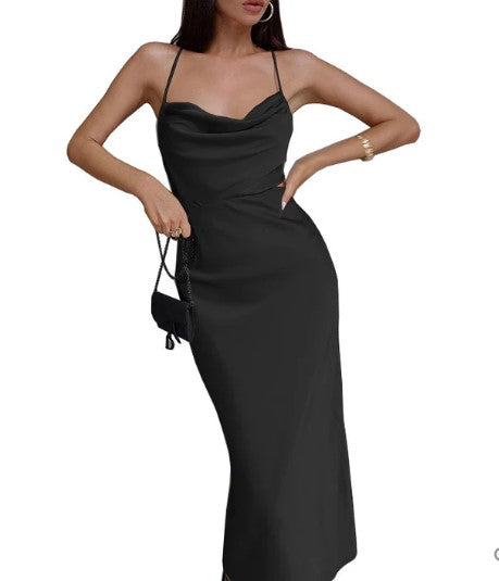 Cowl Neck Spaghetti Strap Satin Bodycon Column Maxi Dress