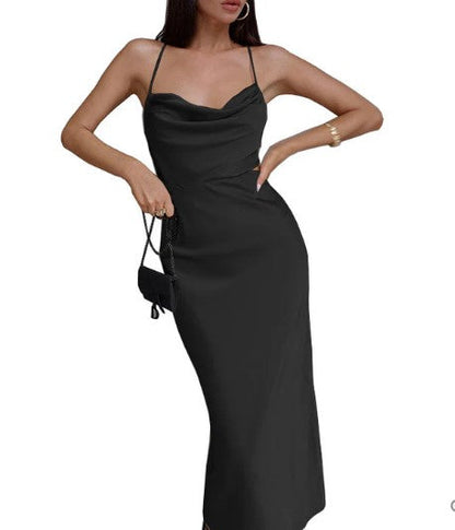 Satin Cowl Neck Spaghetti Strap Side Cut Out Slip Midi Dress