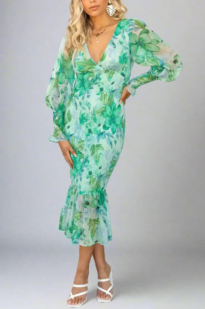 Botanical Floral Print Deep V-Neck Bishop Sleeve Smocked Flounce Hem Midi Dress