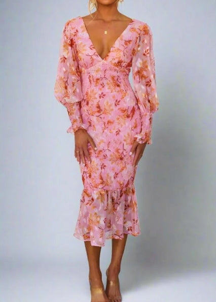 Botanical Floral Print Deep V-Neck Bishop Sleeve Smocked Flounce Hem Midi Dress