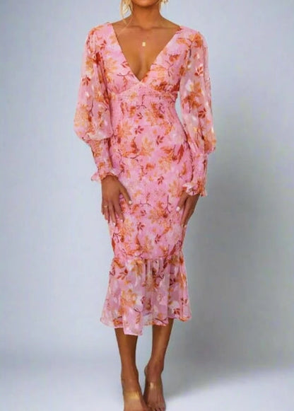 Botanical Floral Print Deep V-Neck Bishop Sleeve Smocked Flounce Hem Midi Dress