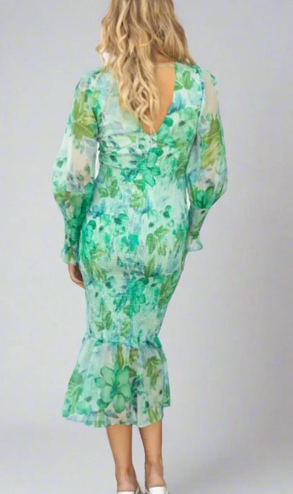 Botanical Floral Print Deep V-Neck Bishop Sleeve Smocked Flounce Hem Midi Dress