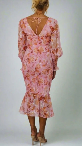 Botanical Floral Print Deep V-Neck Bishop Sleeve Smocked Flounce Hem Midi Dress