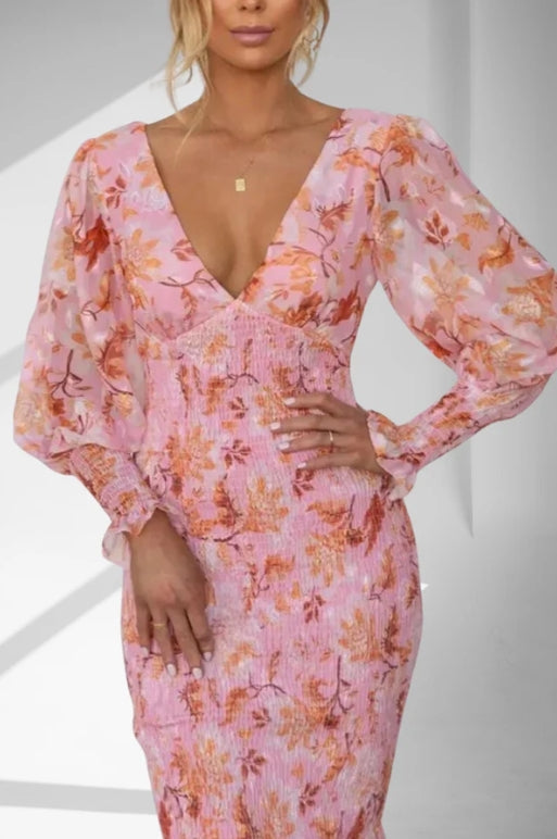 Botanical Floral Print Deep V-Neck Bishop Sleeve Smocked Flounce Hem Midi Dress