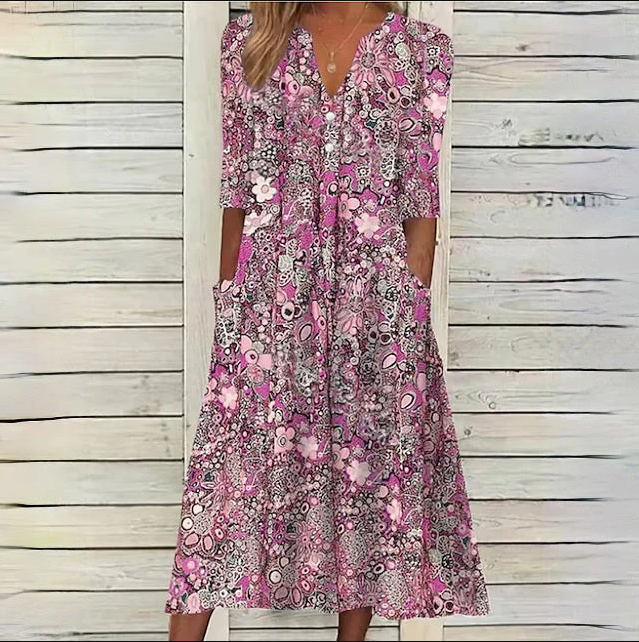 V-Neck Button Front Half Sleeve Paisley Print Pocket Midi Dress