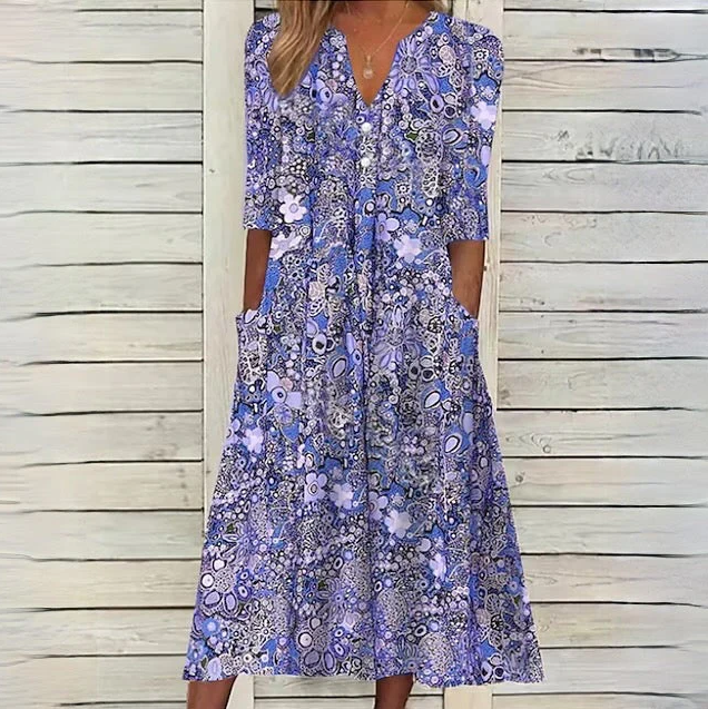 V-Neck Button Front Half Sleeve Paisley Print Pocket Midi Dress