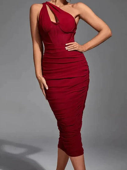 One Shoulder Ruched Bodycon Midi Dress