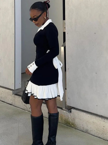 Contrast Knit Mini Dress | Slim Fit | Button Front | Ruffle Hem