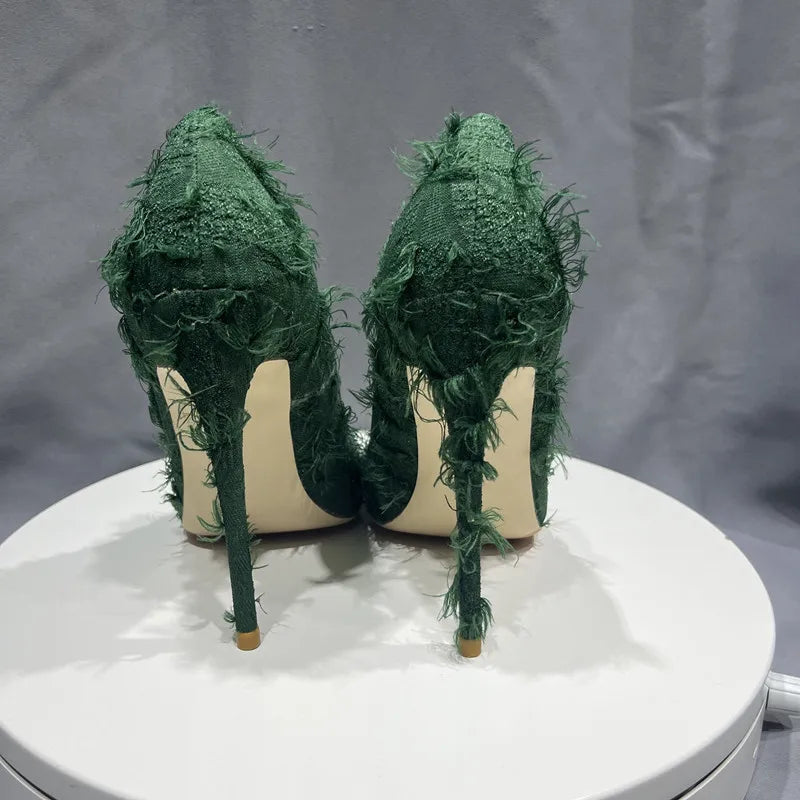Green Tassel Distressed Fabric Stiletto High Heels Chic Sexy Pumps
