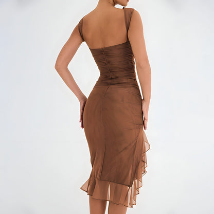 Sleeveless Crew Neck Ruched Bodycon Asymmetrical Ruffle Hem Midi Dress