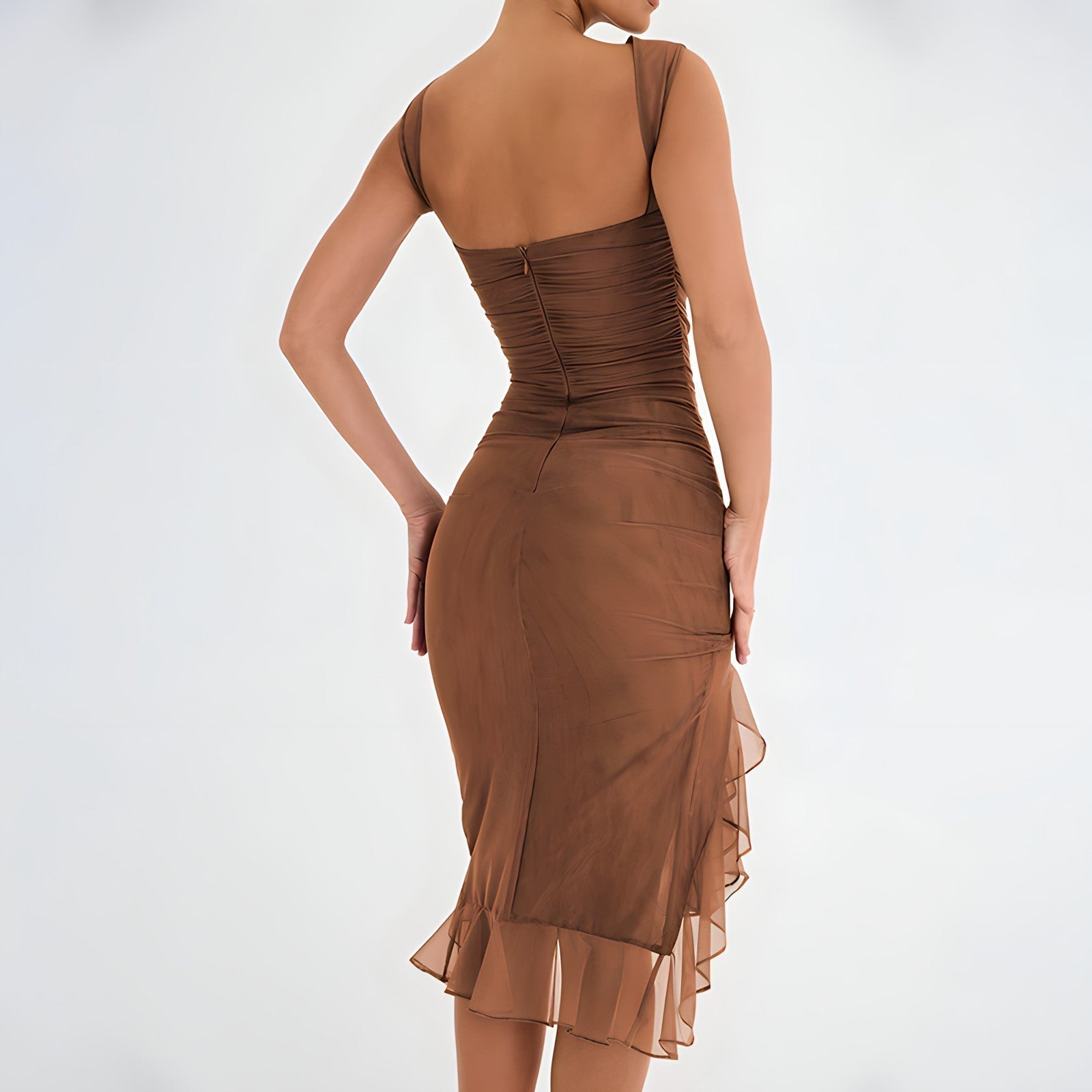 Sleeveless Round Neck Ruched Tiered Ruffle Hem High Split Midi Dress