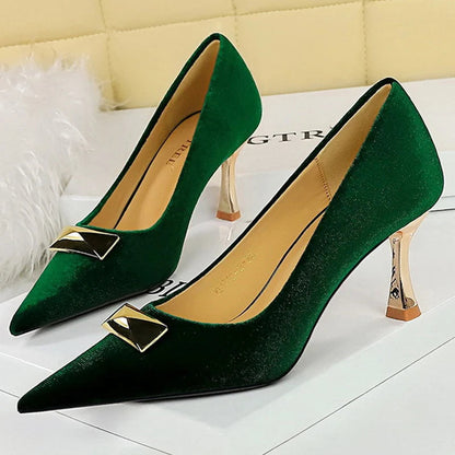Kitten Heel Pointed Metal Buckle Pumps for Women with Metal Heel