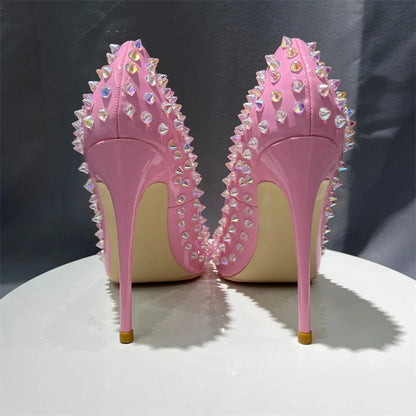 Pink Patent Pointy Toe High Heels Shoes with Crystal Spikes for Women
