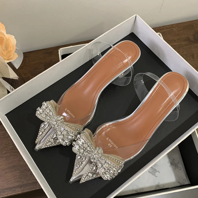 PVC Transparent Sequined Bowknot Women Pumps with Crystal Low and High Heels