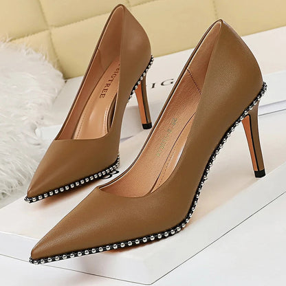 Metal Beads Black Suede High Heel Stiletto Wedding Shoes Women Pumps