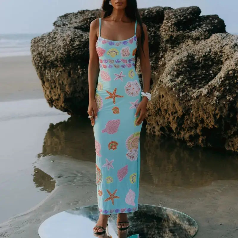 Sequin Shell Square Neck Vacation Dress