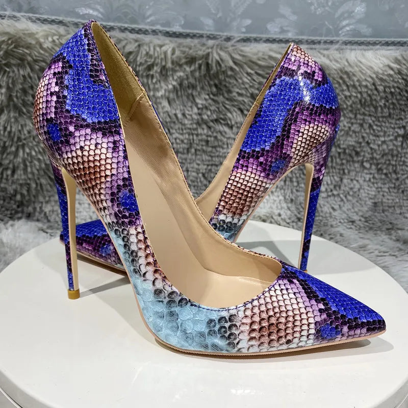 Python Pattern Blue Pointy Toe High Heel Party Shoes for Women
