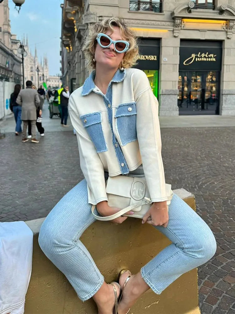 Patchwork Denim Casual Lapel Coat