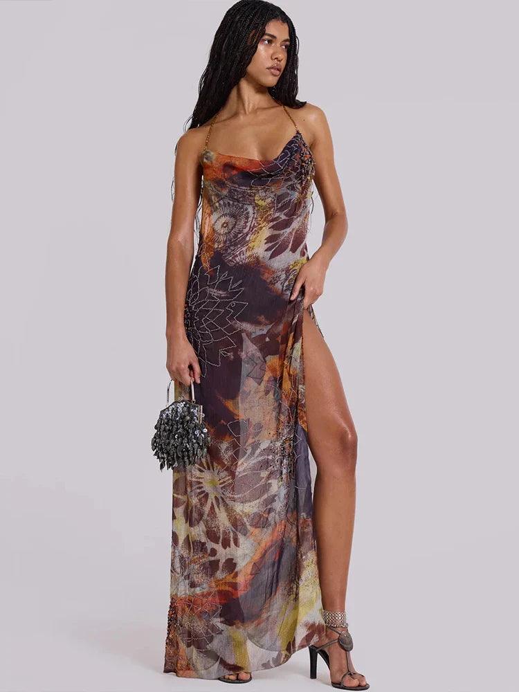 Aesthetic Print Mesh Split Maxi Dress