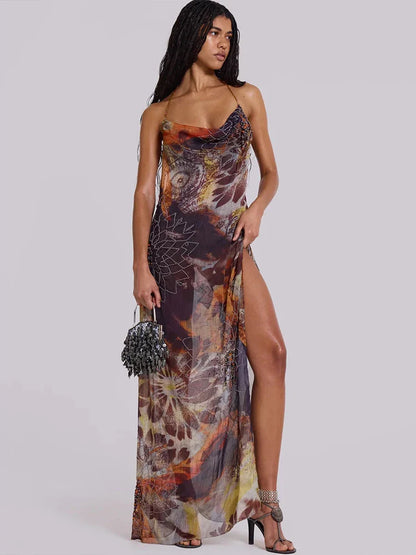 Aesthetic Print Mesh Split Maxi Dress
