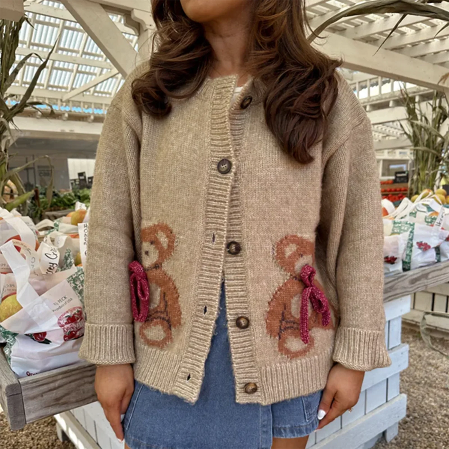Bear Print Round Neck Button Knit Cardigan