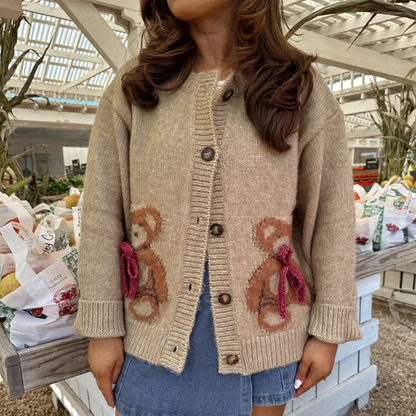 Bear Print Round Neck Button Knit Cardigan