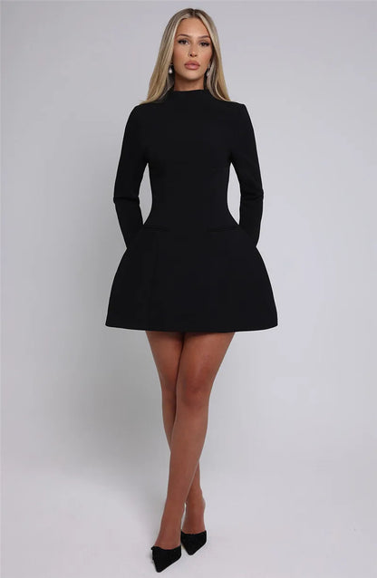 | White High Neck Long Sleeve Mini Dress
