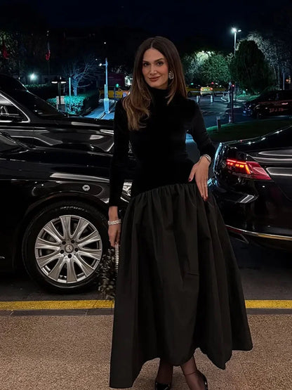 Mock Neck Long Sleeve Velvet Bodice Bubble Hem Midi Dress