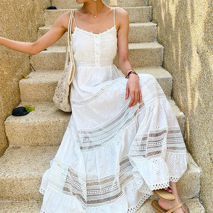 Sleeveless Back Elasticity White Cotton Boho Dress