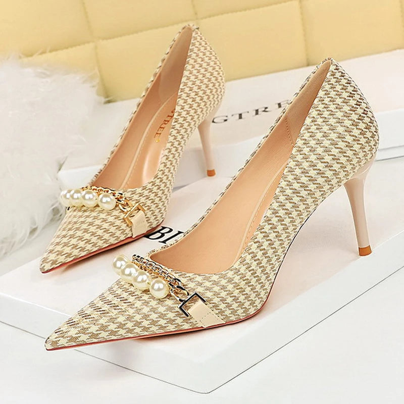 Spring Pearl Metal Chain High-heels Checked Grain Stilettos Women