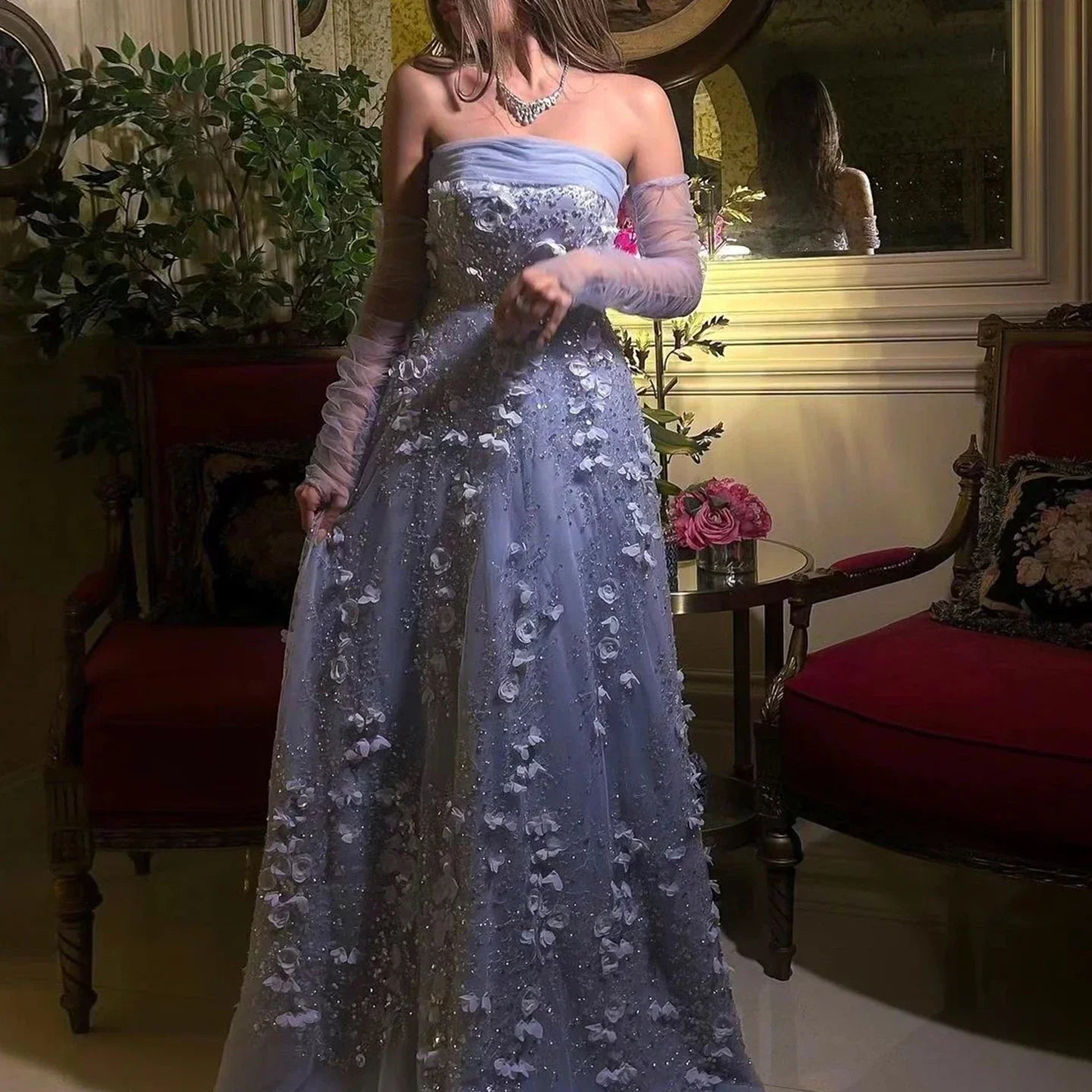 3D Flowers Strapless Evening Dress with Long Sleeves