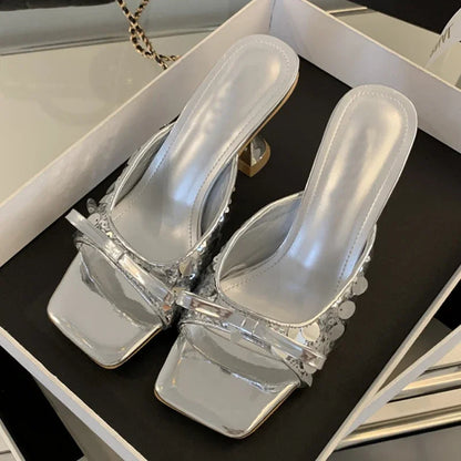 Sequined Square Toe Women Slippers with Butterfly-knot High Heels