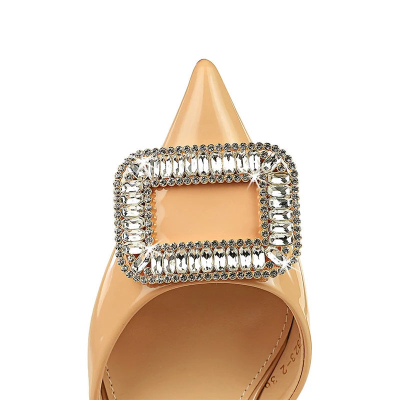 Patent Leather Rhinestone Kitten Heel Women Sandals with Buckle for Summer
