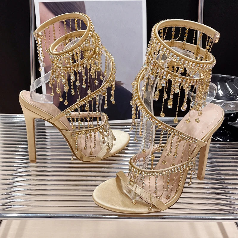 Rhinestone Golden Crystal Sandals for Women's Summer Fashion