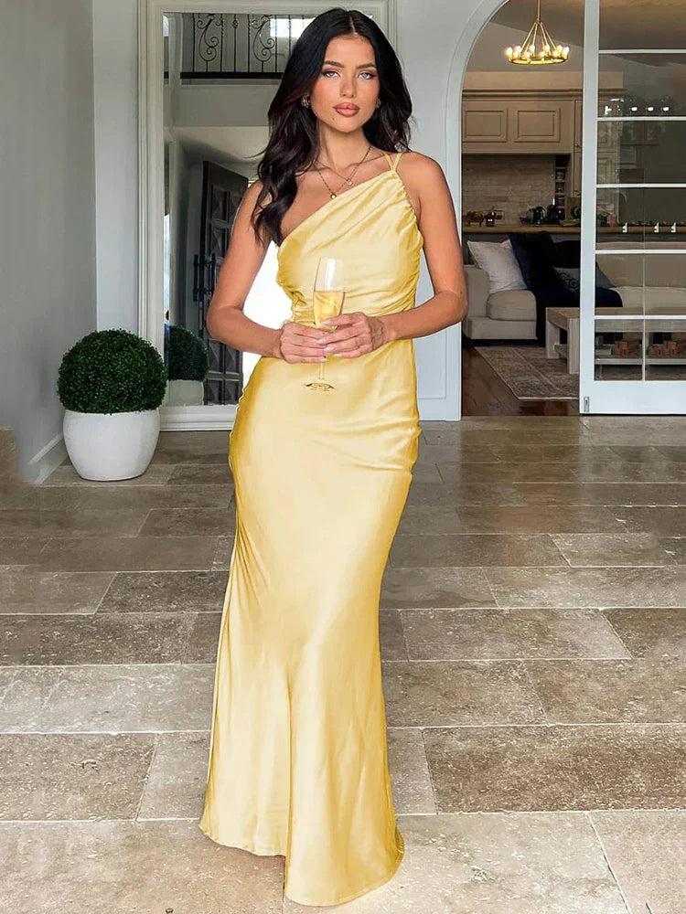One Shoulder Cowl Neck Satin Column Maxi Gown