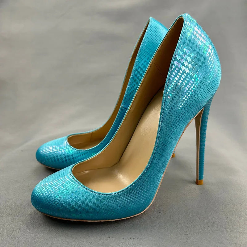 Green Blue Snakeskin Slip On High Heel Shoes for Women