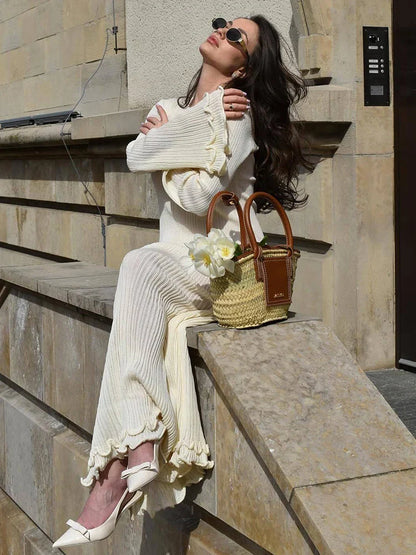 Pleated Wavy Knit Lace Maxi Dress