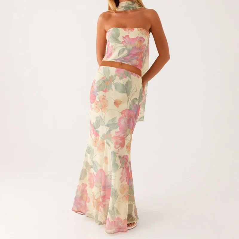 Floral Strapless Bodycon Skirt Two Piece Set