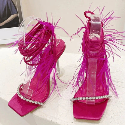 Crystal Womens Sandals with Fuzzy Feather Detail and Transparent High Heels