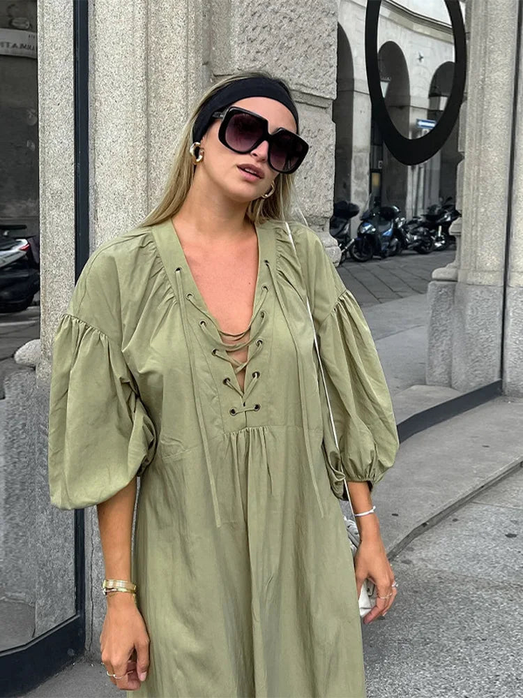 Lace Up V-Neck Balloon Sleeve Side Slit Maxi Dress