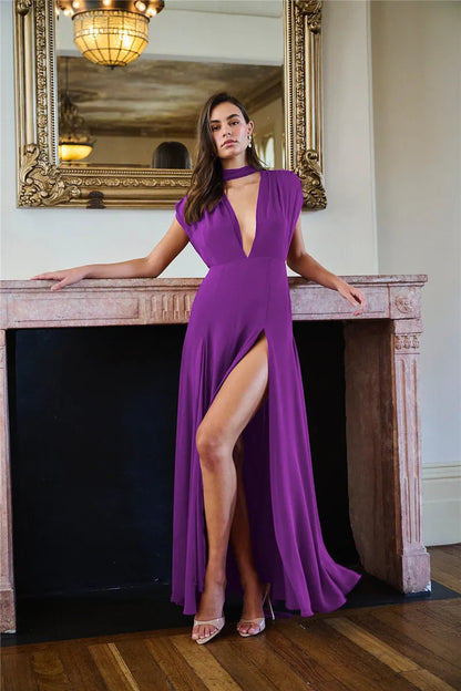 Deep V Purple Maxi Dress High Slit
