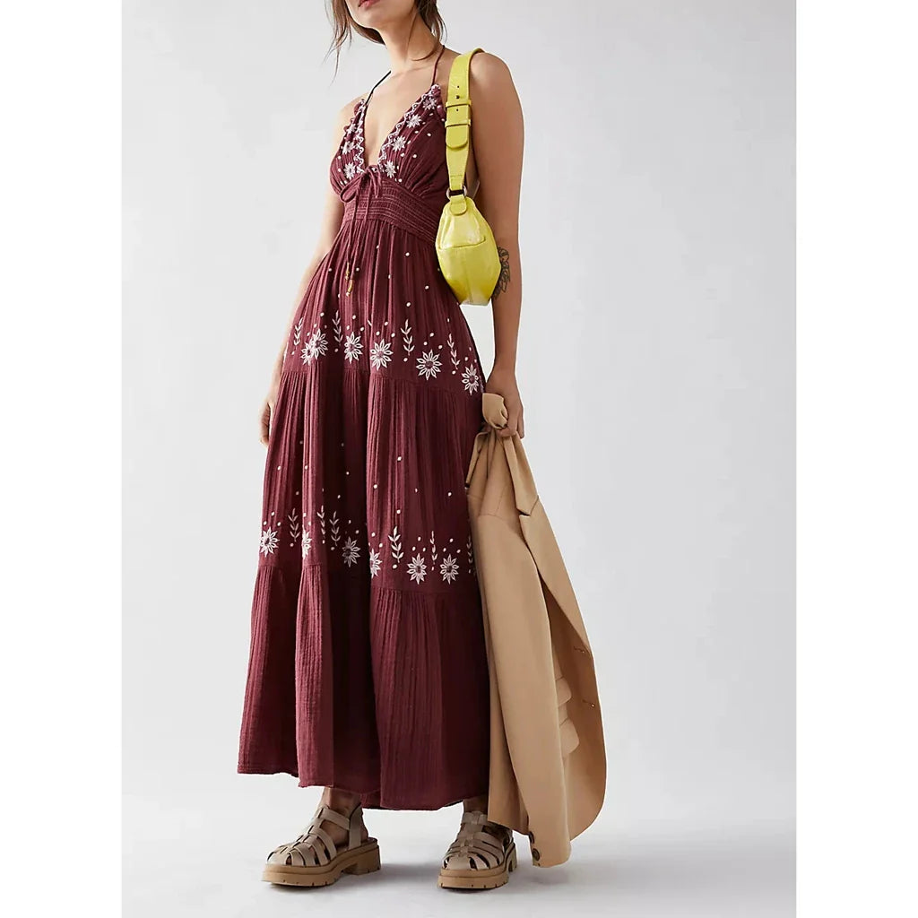 Embroidered Halter Smocked Vacation Dress